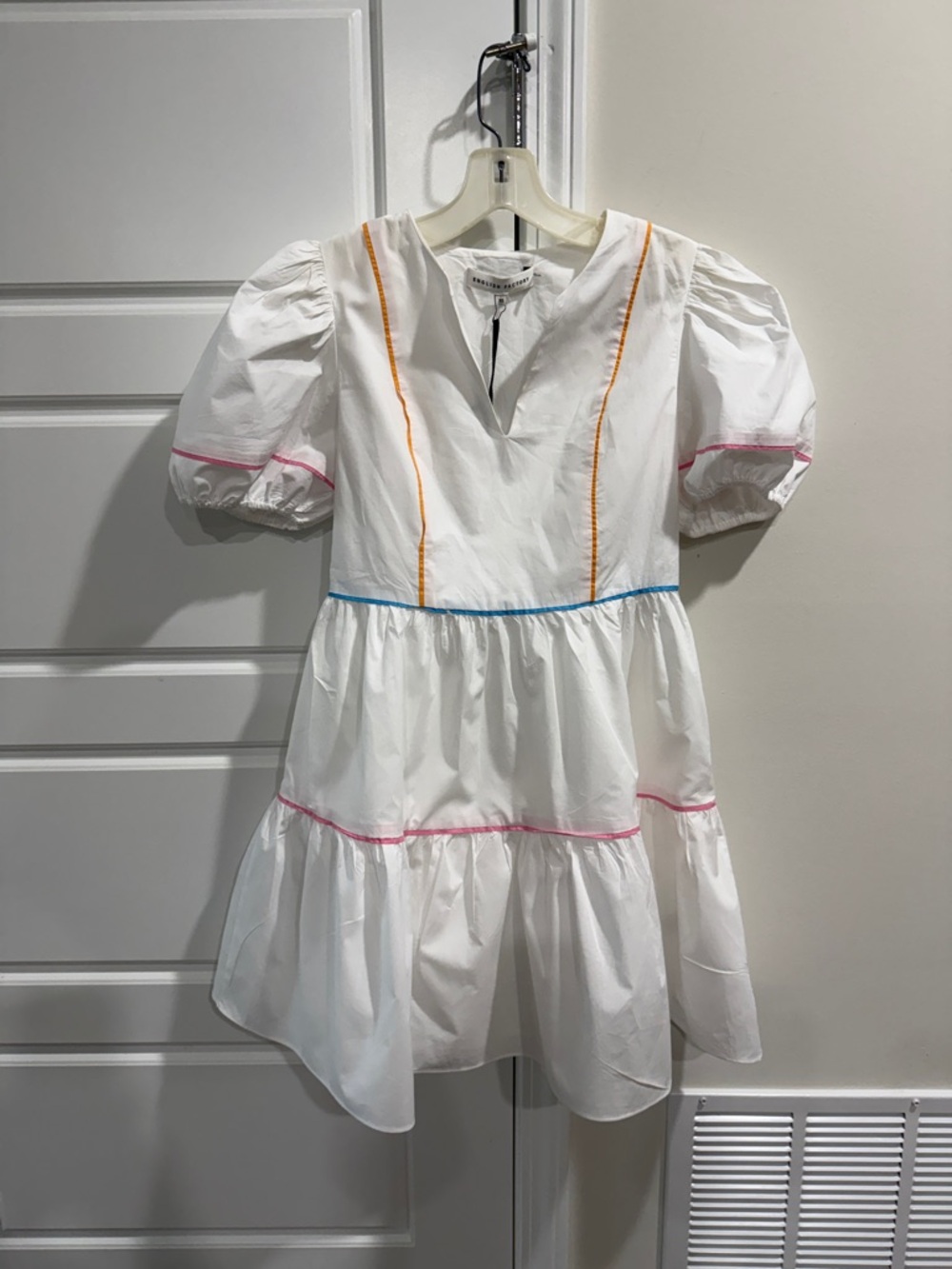 English Factory Tiered Puff Sleeves White Cotton Casual Mini Dress XS Travel